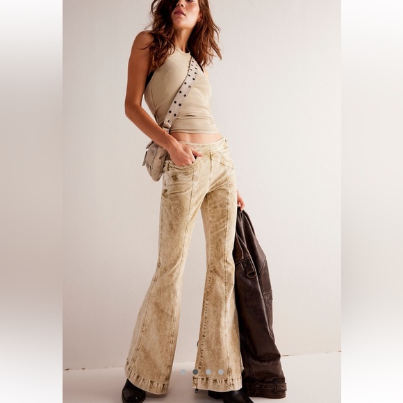 Free People Fast Lane Low-Rise Flare Fitted Retro Distressed Textured Pants